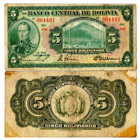 L. 1928 * Banknote Bolivia 5 Bolivianos "S Bolivar" (p120a) F