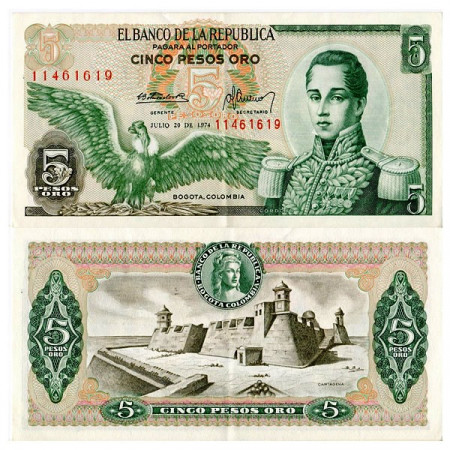 1974 * Banknote Colombia 5 Pesos Oro "JM Cordoba" (p406e) XF