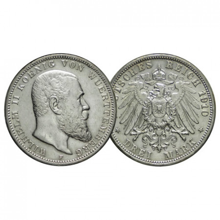 1910 F * 3 Mark Silver German States "Württemberg - Wilhelm II" (KM 635) VF+