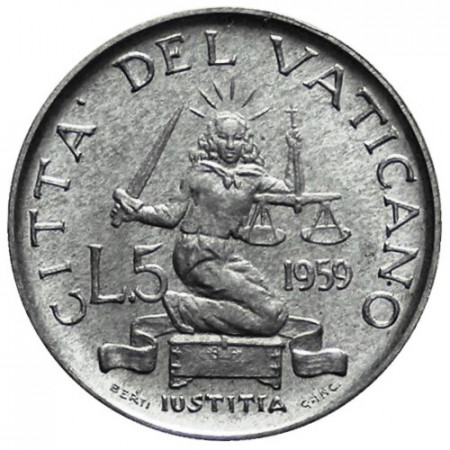 1959 * 5 Lire Vatican John XXIII "Ivstitia" Year I (KM 60.1) UNC