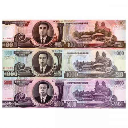 1980 * Set 3 Banknotes North Korea 100, 1000, 5000 Won "Kim Il Sung" (p43, 45, 46) UNC