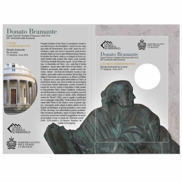 Details about   San Marino 2 Euro 500 Anniv 2014 Donato Bramante Commemorate Card 