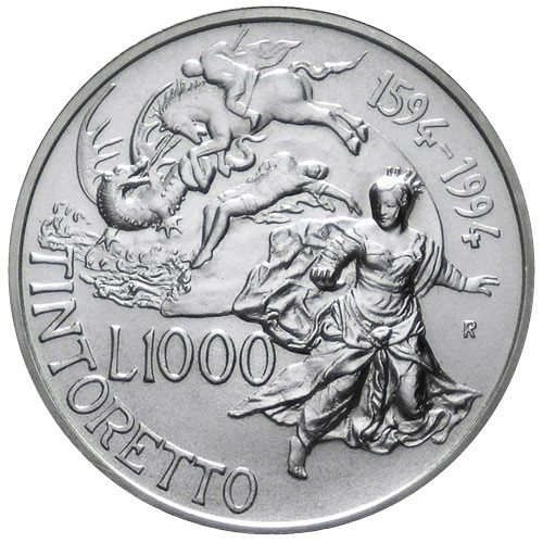 SILVER Commemorative Coin UNC KM# 169 TINTORETTO ITALY 1000 LIRE 1994