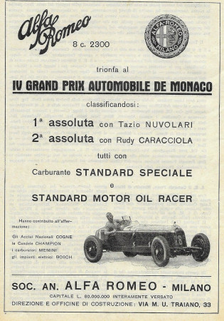 1932 * Publicité Original "Alfa Romeo - IV Grand Prix Automobile De Monaco - Tazio Nuvolari" dans Passepartout