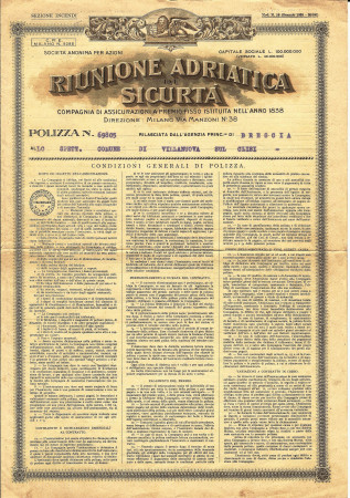 1929 * Assurance Incendie “Riunione Adriatica Di Sicurtà” Brescia 