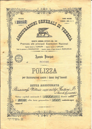 1905 * Assurance Incendie “Assicurazioni Generali Venezia” Rovigo