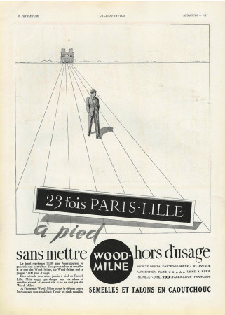 1937 * Publicité Original "Wood-Milne Talons en Caoutchouc, 23 Fois Paris-Lille à Pied" dans Passepartout