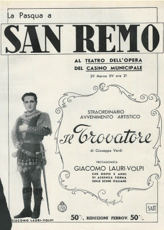 1937 * Publicité Original "Teatro dell' Opera Casino Munic. San Remo, Il Trovatore, Giacomo Lauri" dans Passepartout