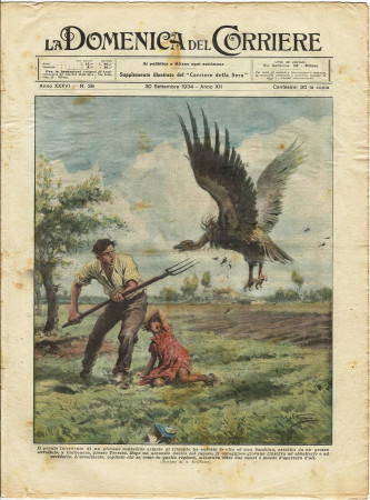 1934 * La Domenica Del Corriere (N°39) "Avvoltoio Attacca Bambina  - Paracadutista Inglese e Leoni" Magazine Original