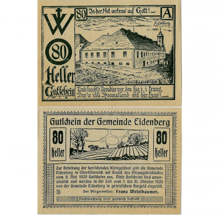 1920 * Notgeld Autriche 80 Heller "Haute-Autriche - Eidenberg" (FS 168Ia)