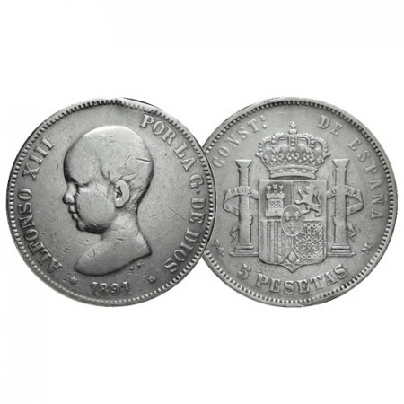 1891 PG-M * 5 Pesetas Argent Espagne "Alphonse XIII" (KM 689) prTTB