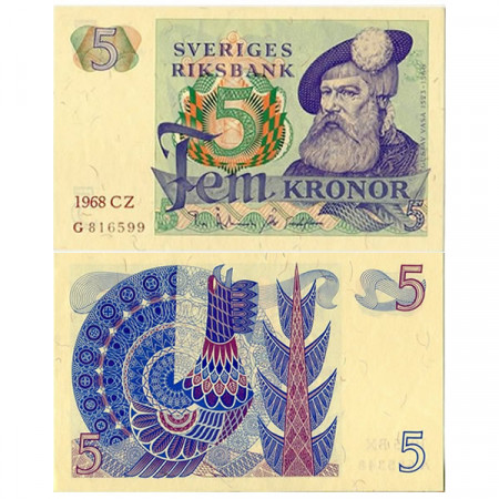 1968 * Billet Suède 5 Kronor “Kg Gustav Vasa” (p51a) NEUF
