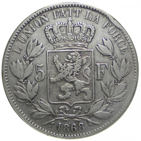 1868 * 5 Francs Argent Belgique "Léopold II" Type A TTB 