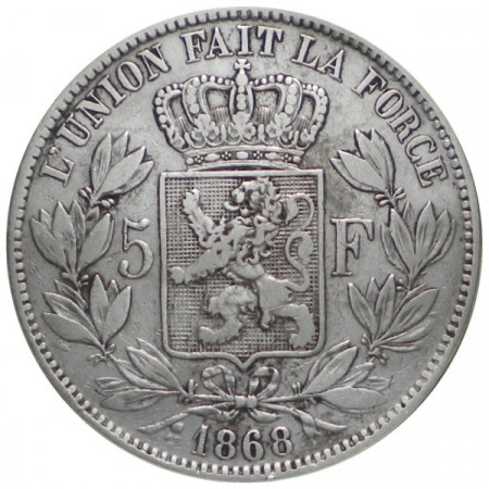 1868 * 5 Francs Argent Belgique "Léopold II" Type A prTTB 