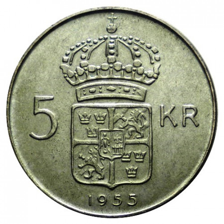 1955 * 5 Kronor Argent Suède "Gustave VI - Armoiries" (KM 829) SUP