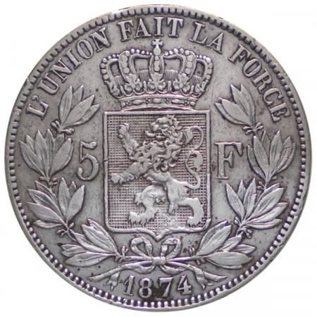 1874 * 5 Francs argent Belgique "Léopold II" TTB+