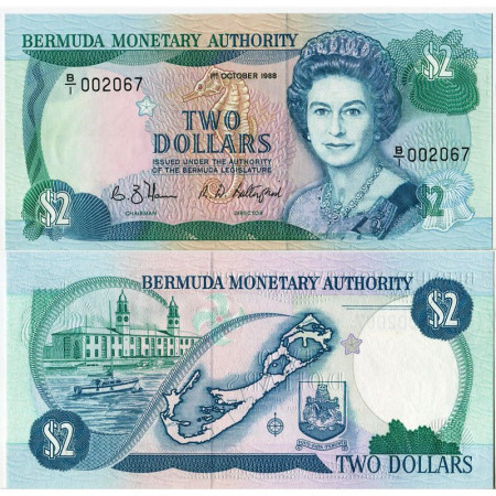 1988 * Billet Bermudes 2 Dollars "Élisabeth II" (p34a) NEUF 