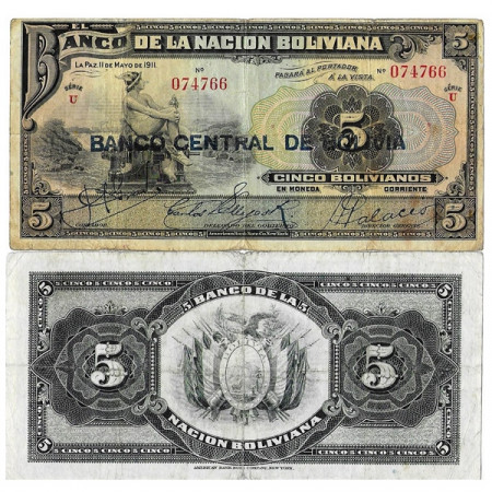 ND (1929) old 1911 * Billet Bolivia 5 Bolivianos "Mercury" (p113) TB+