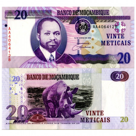 2006 * Billet Mozambique 20 Meticais "Machel - Rhinoceros" (p143a) NEUF