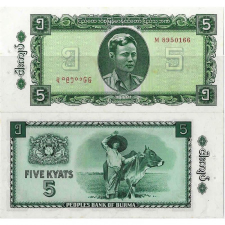 ND (1965) * Billet Birmanie (Myanmar) 5 Kyats "General Aung San" (p53) prNEUF-Épinglages