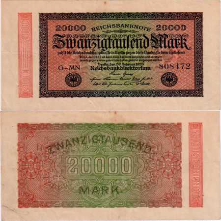 1923 * Billet Allemagne Weimar 20.000 Mark "Reichsbanknote" (p85a) TTB+