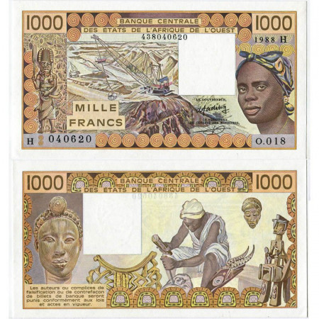 1988 H * Billet États Afrique de l'Ouest "Niger" 1000 Francs "Mining" (p607Ha) NEUF
