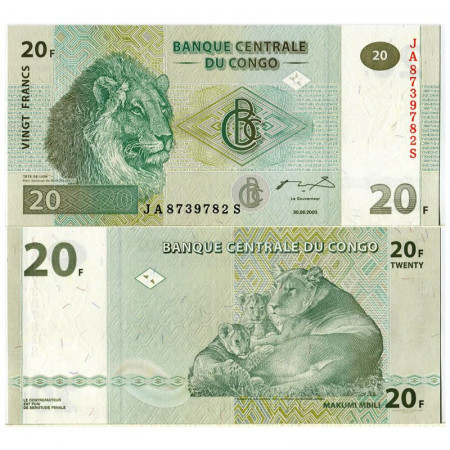 2003 * Billet Congo République Démocratique 20 Francs "Lion, Kundelongu Park" (p94A) NEUF