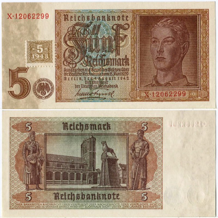 1948 (old 1942) * Billet Allemagne RDA République Démocratique 5 Mark "Occupazione Sovietica" (p3) NEUF