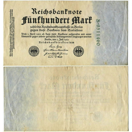 1922 * Billet Allemagne Weimar 500 Mark "Reichsbanknote" (p74b) SUP