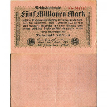 1923 * Billet Allemagne Weimar 5 Millions - 5.000.000 Mark "Reichsbanknote" (p105) SUP