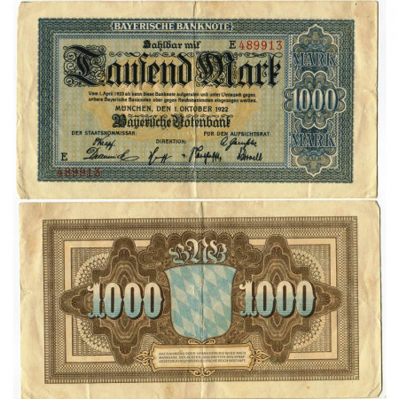 1922 * Billet Allemagne États Allemands 1000 Mark "Bayern" (pS924) TTB