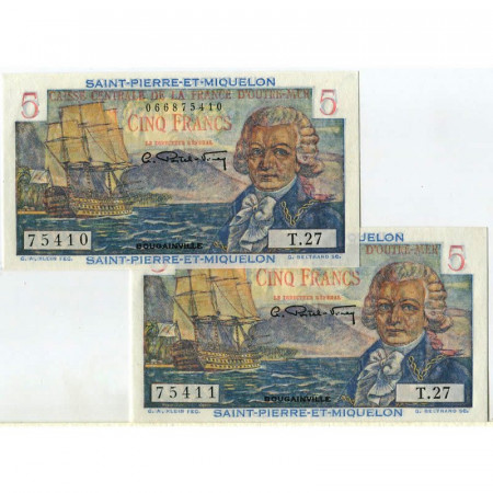 ND (1950-60) * Billet Saint Pierre et Miquelon 2 x 5 Francs "Louis A de Bougainville" (p22) NEUF