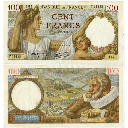 1941 * Billet France 100 Francs "Sully" (p94) SUP-Épinglages