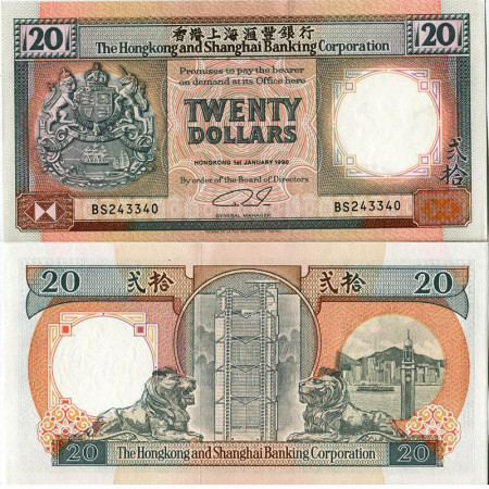 1990 * Billet Hong Kong 20 Dollars "HongKong-Shanghai Banking" (p197a) NEUF