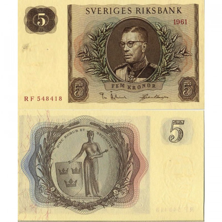 1961 * Billet Suède 5 Kronor "King Gustav VI Adolf" (p42f) NEUF