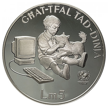 1997 * 5 Liri (Pounds) Argent Malte "UNICEF, Garçon avec Chien et Ordinateur" (KM 115) BE