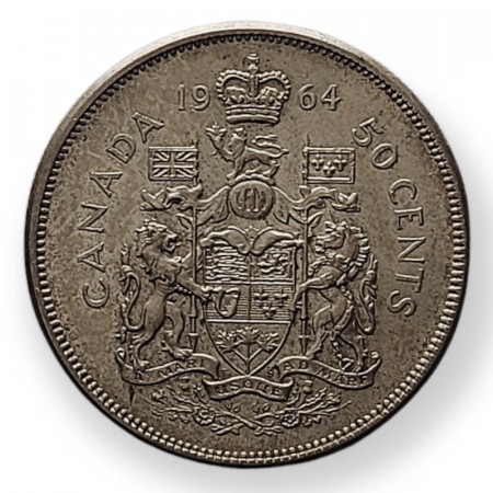 1964 * 50 Cents Argent Canada "Elisabetta II  1st Portrait - Coat of Arms" (KM 56) SUP