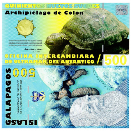 2009 * Billet Polymère Îles Galápagos 500 Nuevos Sucres NEUF
