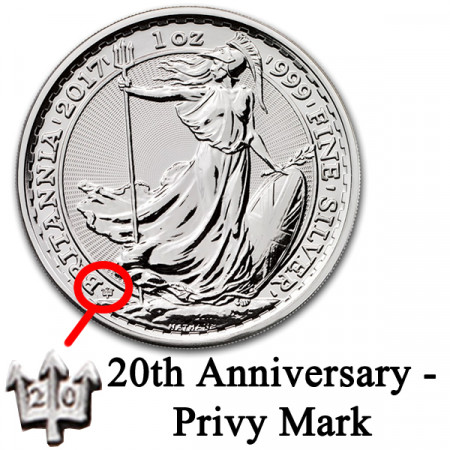 2017 * 2 Pounds Argent 1 OZ Grande-Bretagne "Britannia - 20th Anniversary" Privy Mark