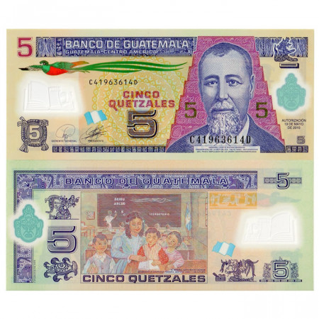 2010 * Billet Polymère Guatemala 5 Quetzales "General JR Barrios" (p122a) NEUF