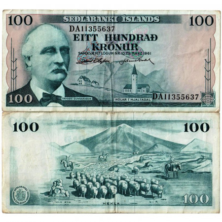 L.1961 * Billet Islande 100 Kronur "Tryggvi Gunnarsson; Hólar in Hjalta Valley" (p44) TB