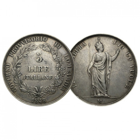 1848 M * 5 Lire Argent Italie - Lombardo-Vénitien "Gouvernement Provisoire de Milan" (C 22.1) prTTB