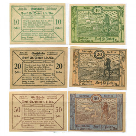 1920 * Lot 3 Notgeld Autriche 10 . 20 . 50 Heller "Basse-Autriche – Sankt Peter in der Au" (923)