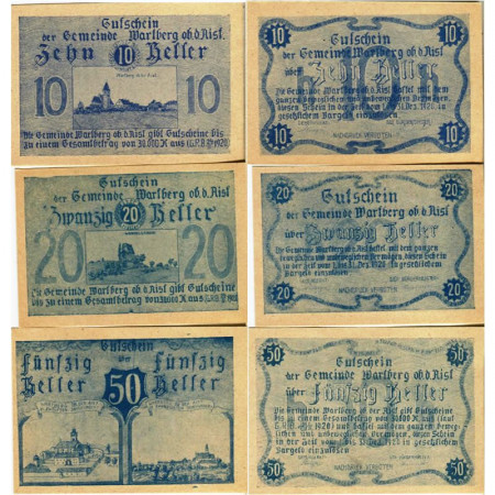 1920 * Lot 3 Notgeld Autriche 10. 20. 50 Heller "Haute-Autriche - Wartberg ob der Aist" (FS 1142a)