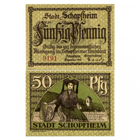 1919 * Notgeld Allemagne 50 Pfennig "Bade-Wurtemberg  - Schopfheim" (S44.2)