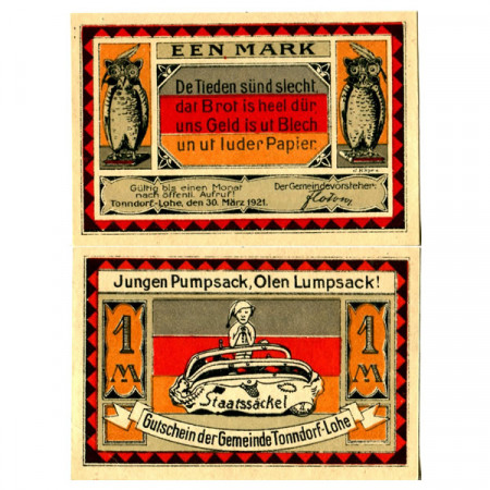 1921 * Notgeld Allemagne 1 Mark "Schleswig-Holstein - Tonndorf" (1330.1)