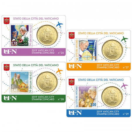 2019 * 4 x Coincard VATICAN 50 Centièmes Euro "Les Voyages – Stamp and Coin" N 26-29