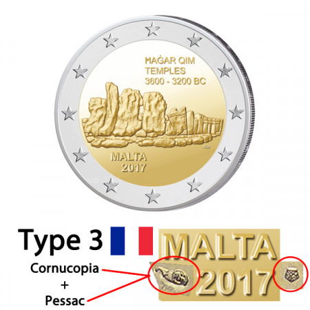 2017 * 2 Euro MALTE "Temples Mégalithiques de Hagar Qim - Version 3" UNC