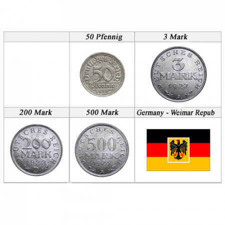 1922-23 * Série 4 Monnaies Allemagne "République de Weimar" (KM 27-29-35-36) TTB-SUP
