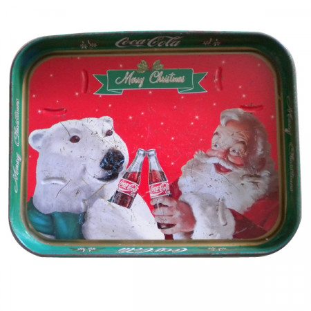 Plateau * Coca Cola Métal Rectangulaire Rouge "Noël - Ours Polaire" Publicité Vintage